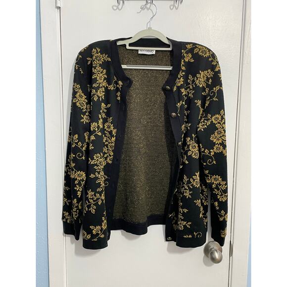 Vintage Eccobay Cardigan Sweater XL Black Gold Floral Preppy Regency Holidays - Picture 2 of 5